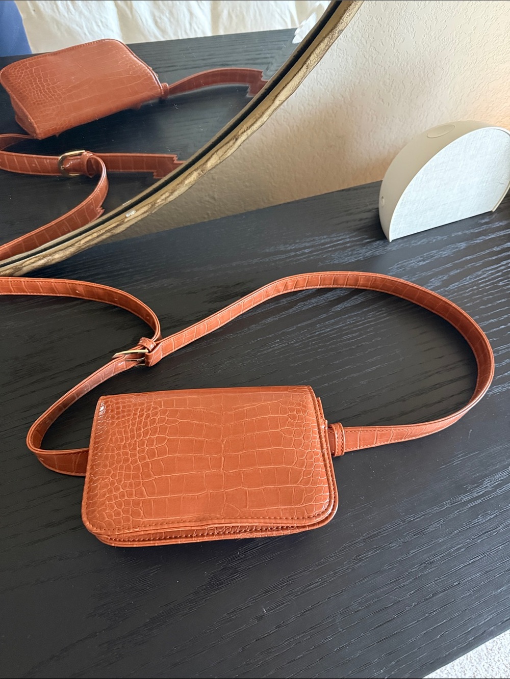 Amazon Croc-Embossed Crossbody Belt Bag — Cognac Brown